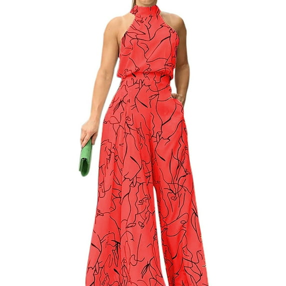 Females Plus Size Jumpsuit Halter Romper with Loose Fit Wide Leg for Anniversary Gift Formal Birthday Gift XL Big Red