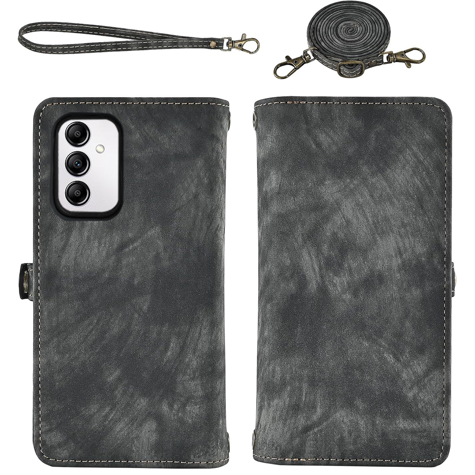 Asuwish Compatible with Samsung Galaxy A14/M14 5G Phone Case Zipper Wallet Detachable Tempered Glass Screen Protector Crossbody Strap Flip Card Holder Cell Cover for A 14 4G 14A 14M G5 Women Black