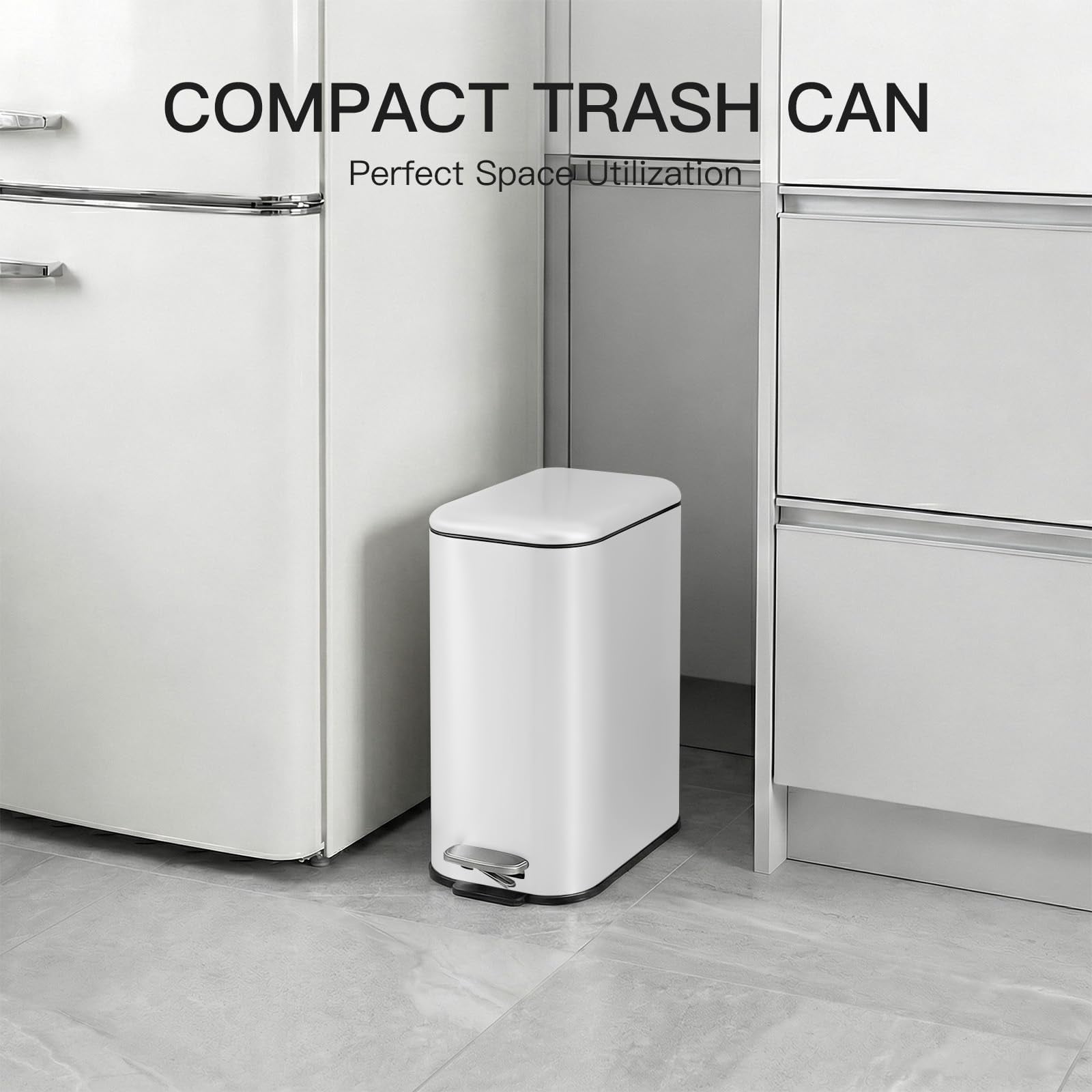 Garvee Small Bathroom Trash Can with Lid Soft Close, 1.3 Gallon, Stainless Steel, White