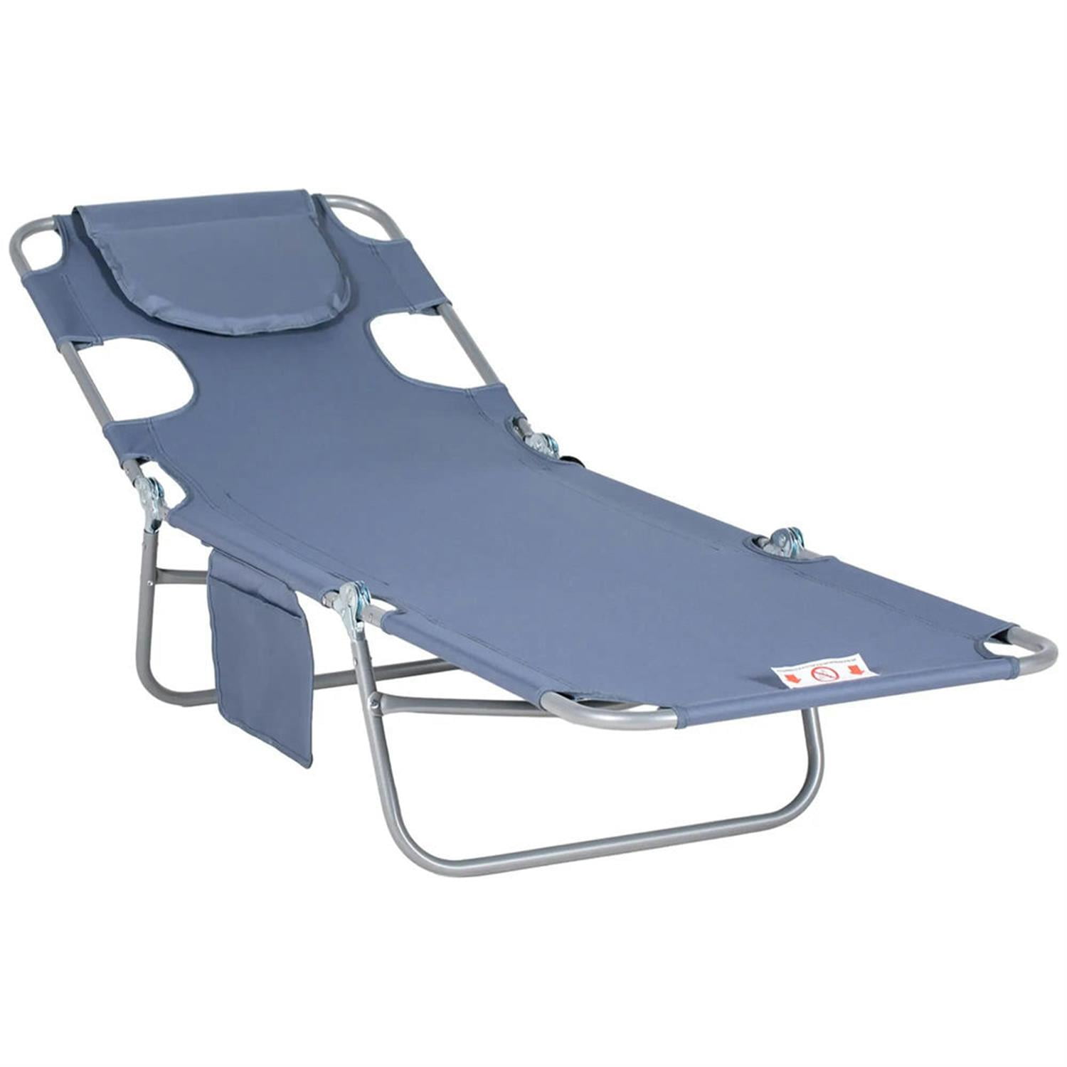 Demi Bonn Outdoor Folding Beach Lounger with Pillow, 5-Position Sun Tanning Chair, Face Hole for Beach, Yard, Patio, Gray