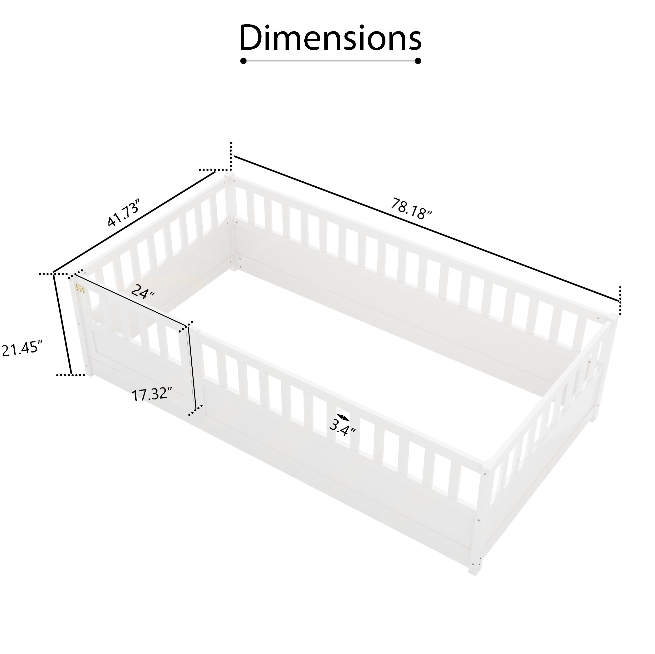 Bellemave Twin Size Floor Bed with Door and High Fence Guardrails Floor Bed without Bed Slats Wooden Floor Bed Montessori Bed Frame (Twin, White, Without Slats)