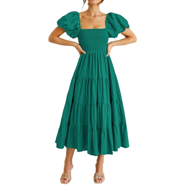 Vestido PRETTYGARDEN Midi Verde Oscuro con Mangas Abullonadas