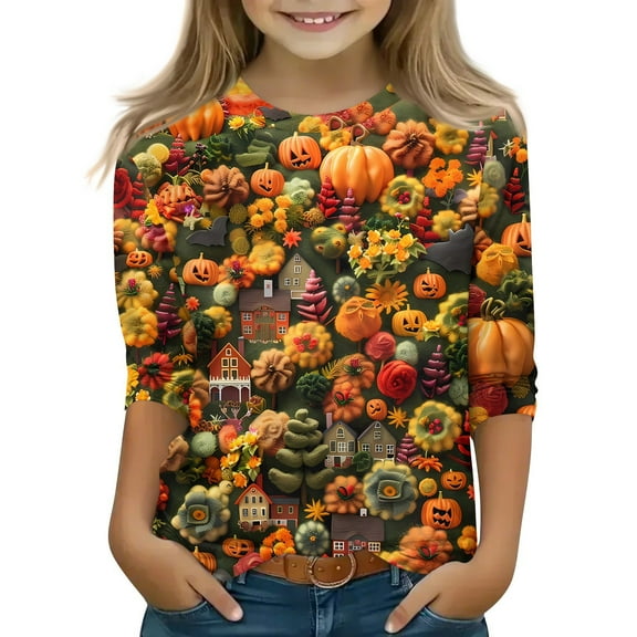 XADYUY Girls Halloween Shirts 5t Spooky 3D Pumpkin Graphic T-Shirts for Kid Girls Crewneck 3/4 Sleeve Shirts for Kids Girls Fall Funny Cute Tee Top Girls,6-7 Years
