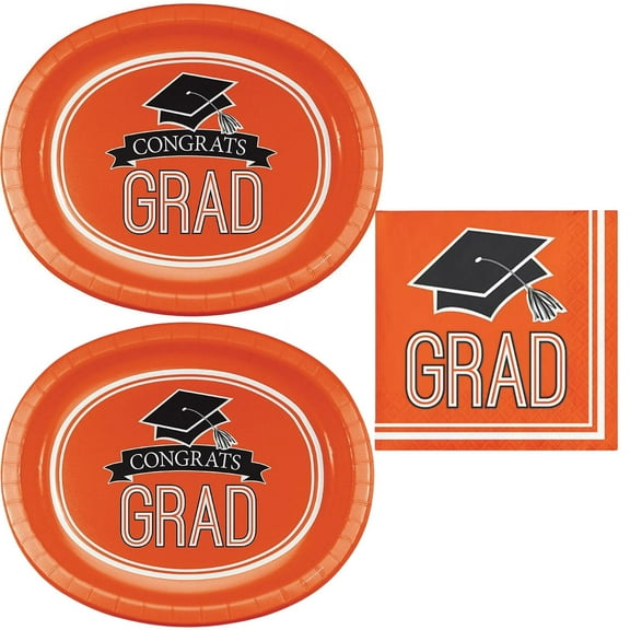 School Spirit Graduation Party Supplies Kit Orange Oval Plates Platters Lunch Napkins Serves 16