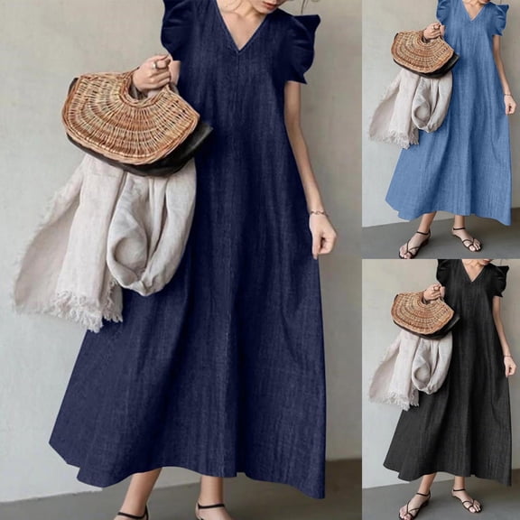 YuXingFu Spring Wedding Guest Dress Maxi V-Neck Plus Size Womens Dress Short Sleeve for Vacation Long Casual Summer Sky Blue S