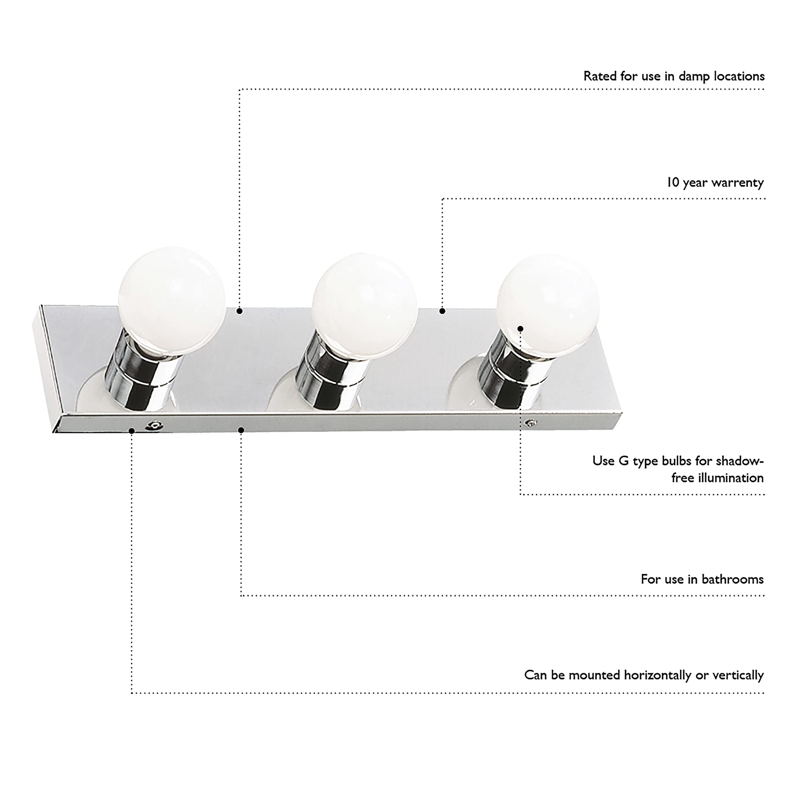 500850 3-light Vanity Strip Light Contemporary Dimmable For Bathroom  Bedroom Makeup Polished Chrome