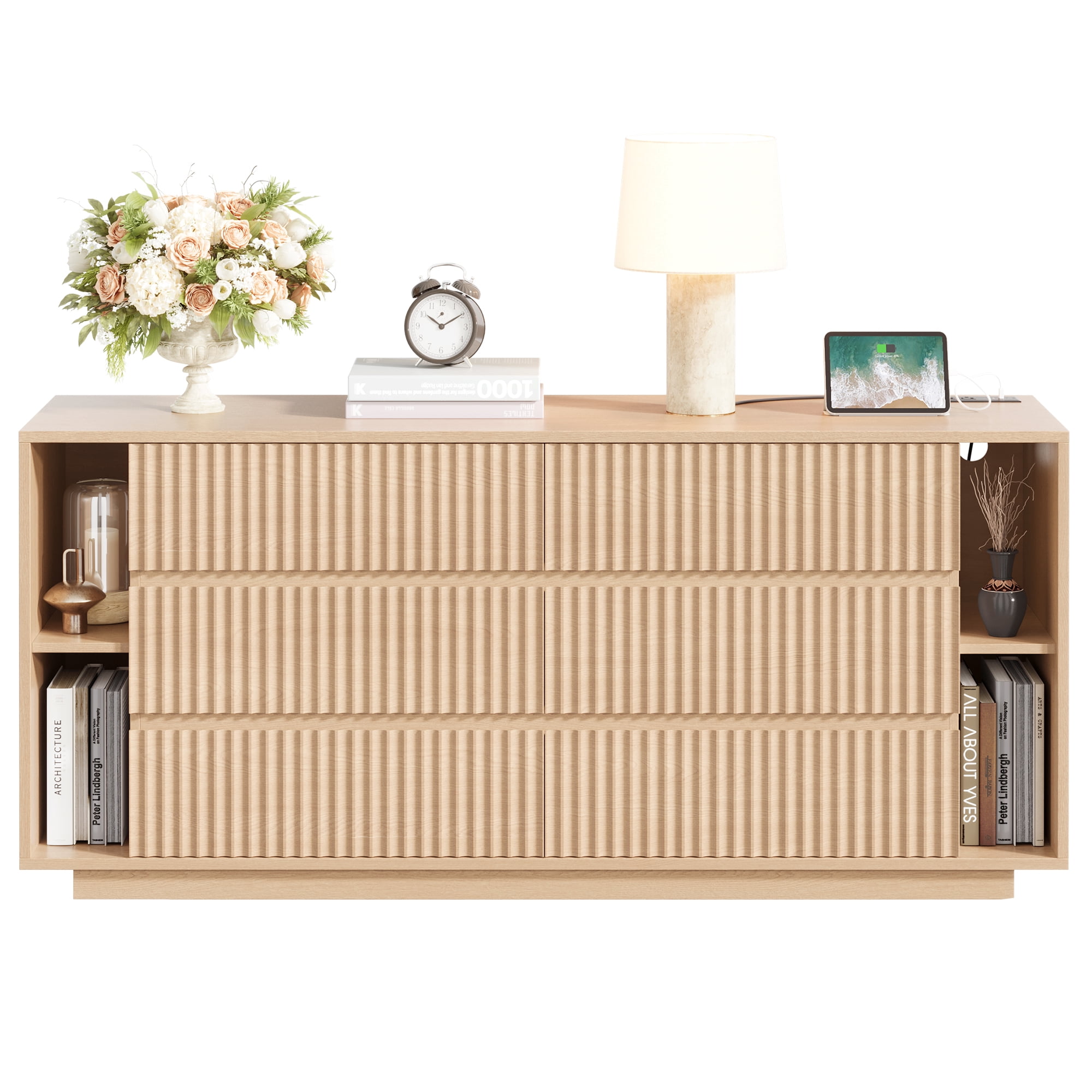 Fluted 6 Drawer Dresser with Shelves, 63'' Wide Bedroom Chest of Drawers, Natural Oak