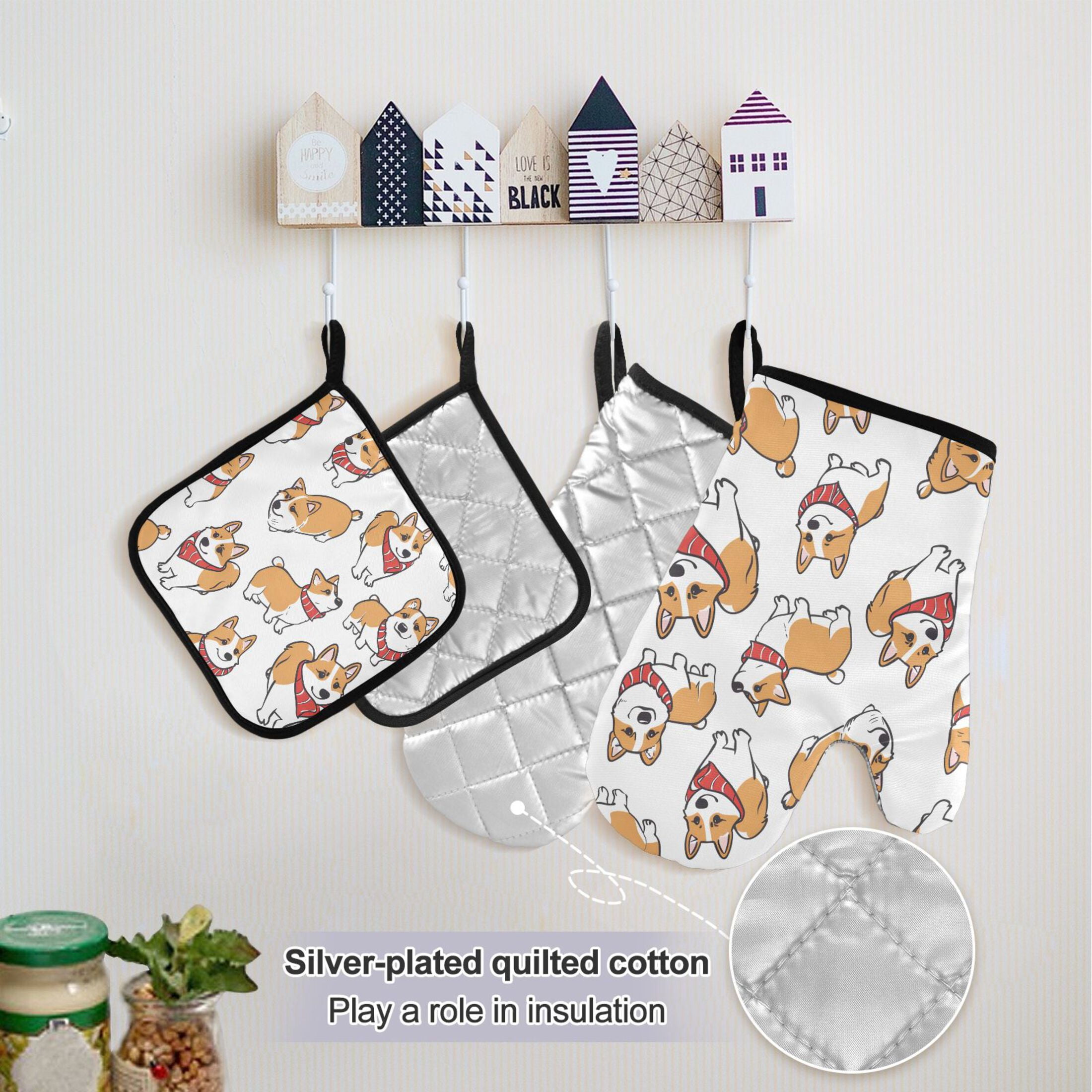 Corgi Dog with Scarves 5 Pcs Kitchen Set Heat Resistant Oven Mitts and Non-Slip Pot Holders with Adjustable Cooking Apron