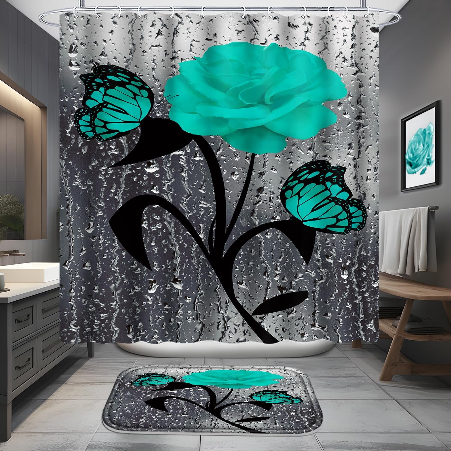 4 Pcs Bathroom Set,Orange Rose Shower Curtain Sets, Romantic Shower Curtain Sets with Rugs(Bath Mat,U Shape and Toilet Lid Cover Mat) and 12 Hooks