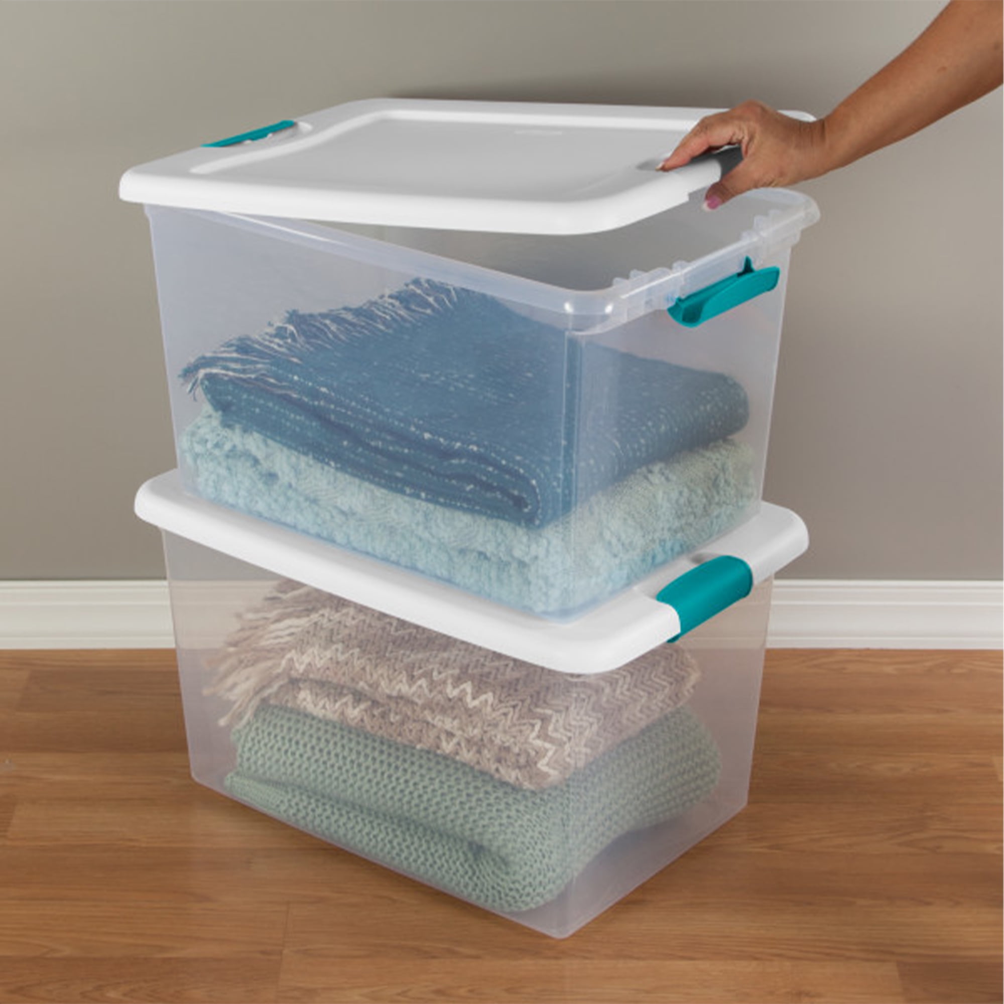 Sterilite 64 Qt Latching Storage Box, Stackable Bin With Latch Lid, Plastic  Container To Organize Clothes In Closet, Clear With White Lid, 24-pack :  Target