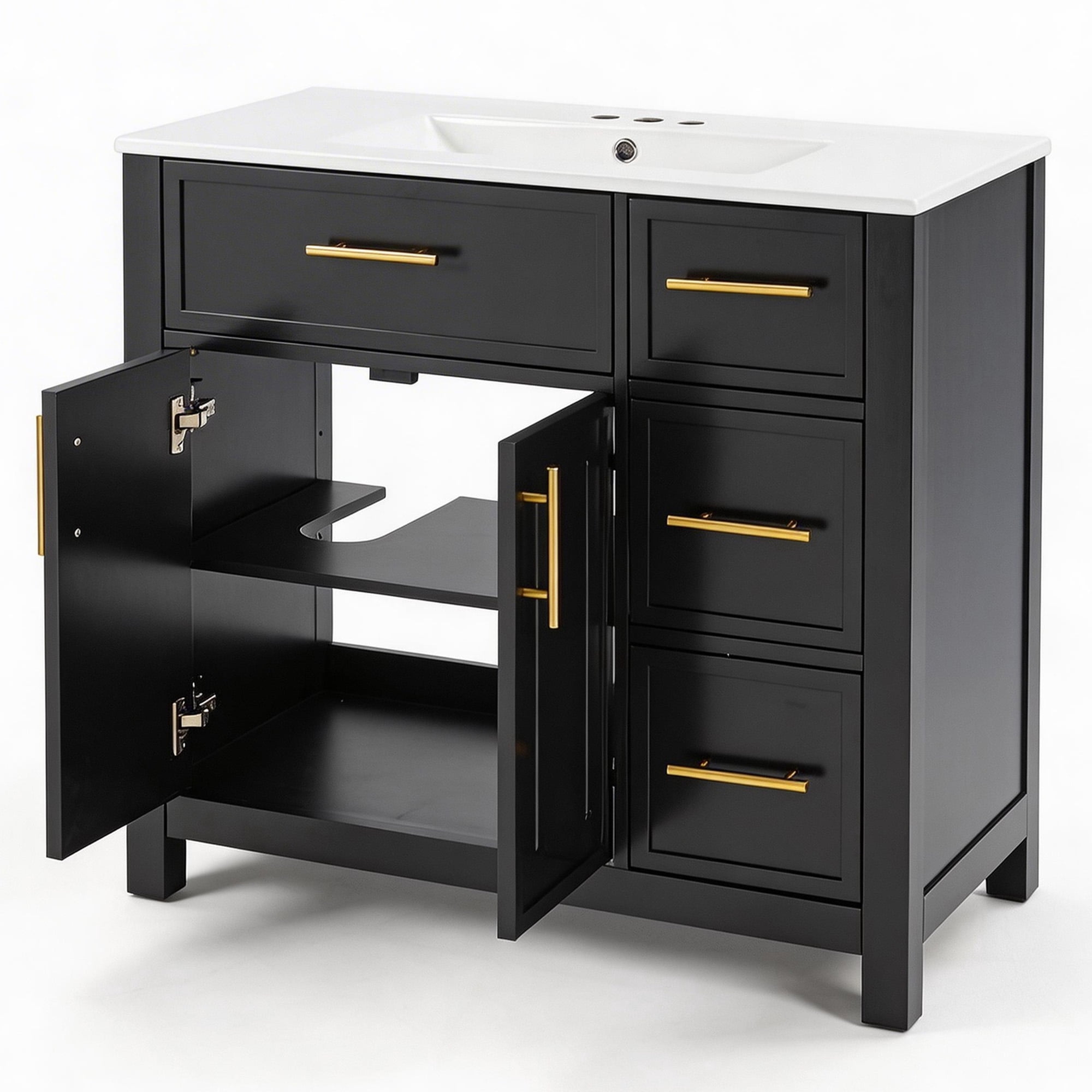 SogesPower 36" Bathroom Vanity with Ceramic Sink, Solid Wood Bathroom Makeup Cabinet with 2 Doors and 3 Drawers, Modern FreeStanding Single Basin Vanity Set for Bathroom, Black