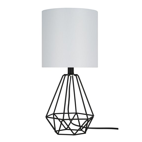 Catalina 18"H Metal Geometric Cage Matte Black Finish Table Lamp with White Linen Drum Shade