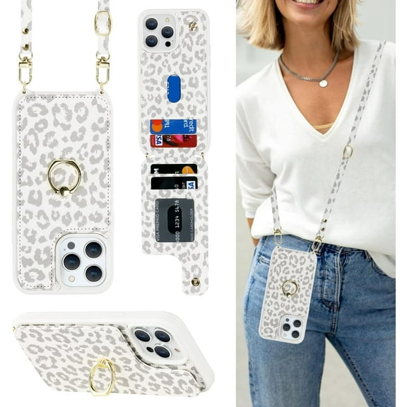for iPhone 15 Pro Case with Card Holder for Women,iPhone 15 Pro Phone Case with Strap,Crossbody Lanyard,Ring Stand,Snap Clasp,Cute Wallet Case 6.1 inch(White Leopard)