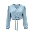 thumbnail image 7 of ClodeEU Women's V Neck Long Sleeve Button Down Bow Waist Crop Shirt Top, Casual Solid Color Blouse Blue,Women's Plus L, 7 of 7
