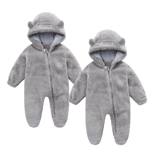 2025 Ensemble 2 Pcs Garçons Filles Mignon Combinaison Doublée Polaire Manches Longues à Capuche Gris