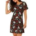 thumbnail image 2 of Vsdgher Chemise de Nuit à Manches Courtes Motif Crâne Rose Rouge pour Femmes, Col Rond, Mignonne, Confortable, 2 of 6