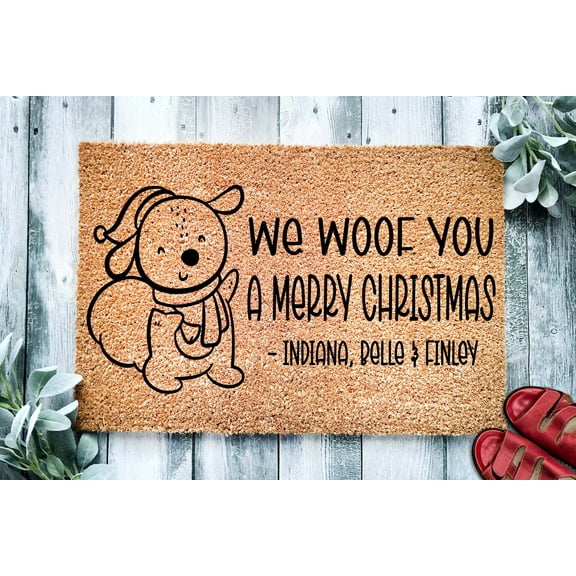 Personalized We Woof You A Merry Christmas Pet Names Door Mat | Dog Christmas Doormat | Welcome Mat | Holiday Doormat | Christmas Gift