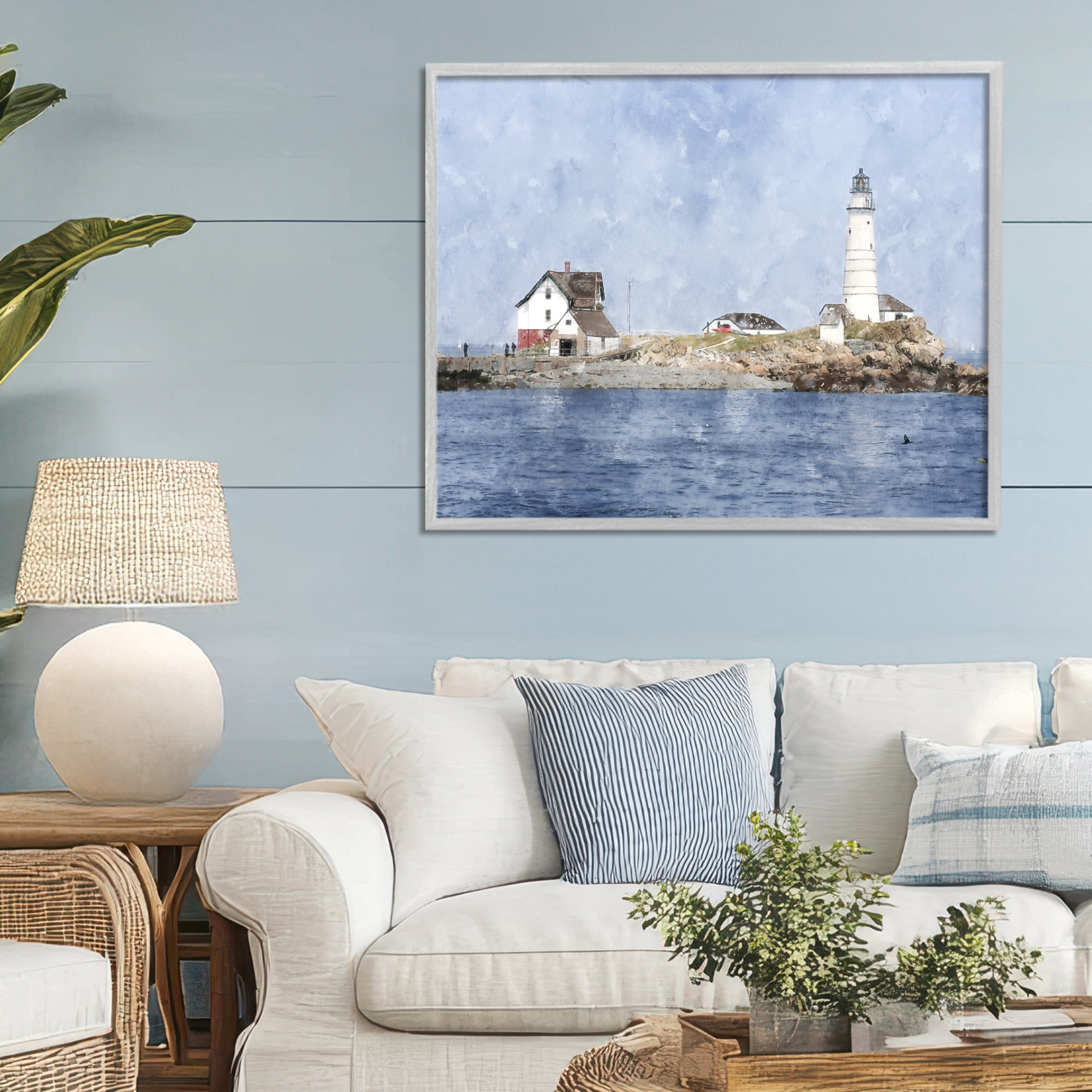 Stupell Industries Picturesque Lighthouse Island Gray Framed Giclee Art, design by Kim Curinga