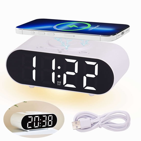 Deago Digital Alarm Clock for Bedroom, Digital Mirror Led Desk Clock with USB, Brightness Adjustment, 12/24H Mode, Fast Wireless Charging, Dual Alarm & Nightlight, White