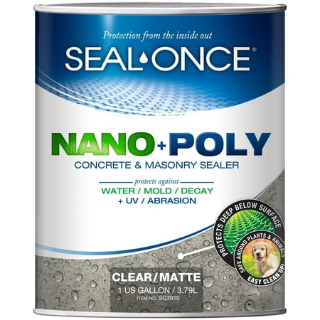 SEAL-ONCE NANO+POLY Concrete & Masonry Penetrating Sealer & Waterproofer, 1 Gallon, Low VOC, Water-based wtih Polyurethane - Protect driveways, patios, stamped concrete, bricks & (Best Time To Seal Driveway)
