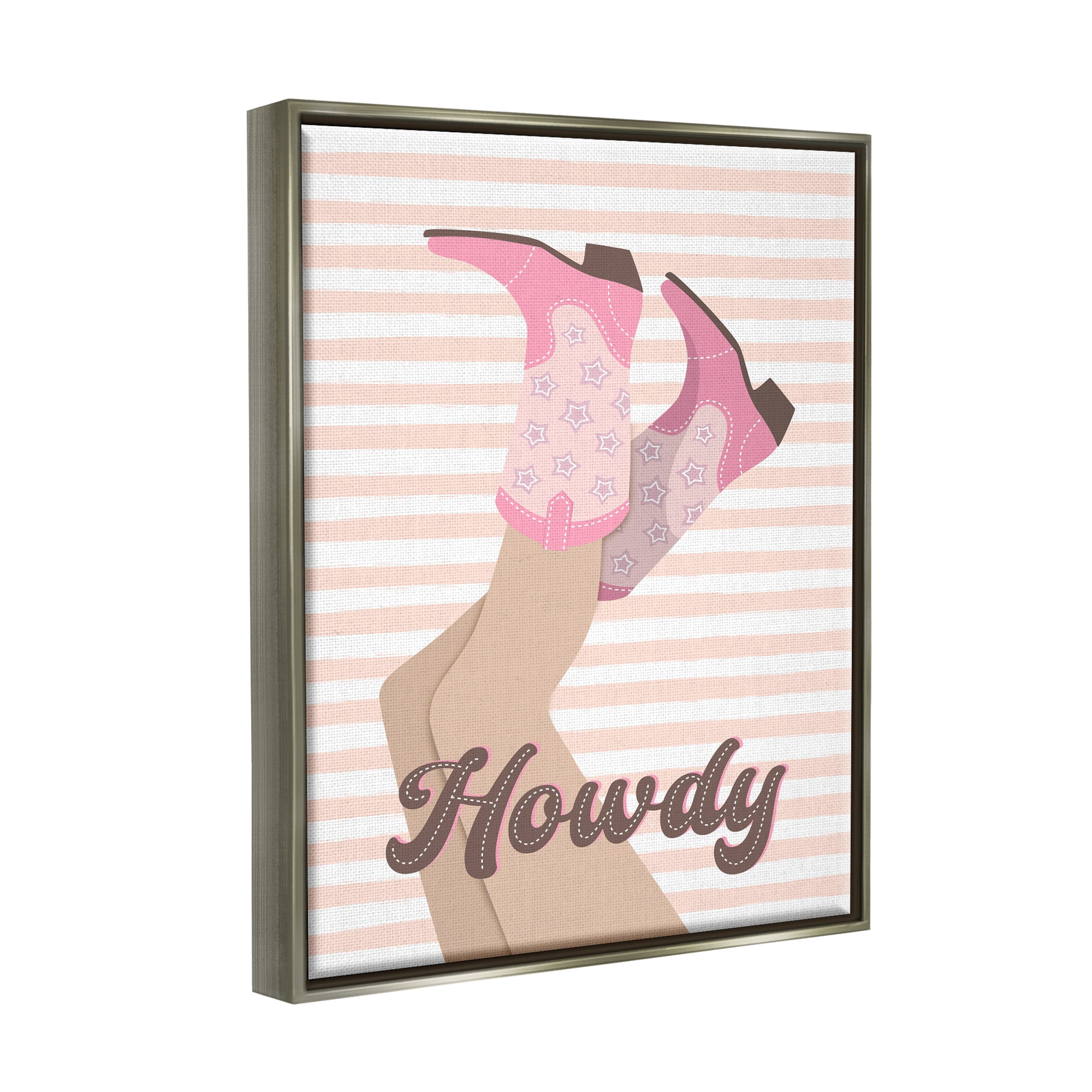 Stupell Industries Howdy Cowgirl on Stripes Abstract Painting Gray Floater Framed Canvas Art Print Wall Art, 25 x 31
