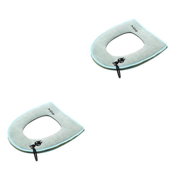 Inteprter Cubierta de inodoro de terciopelo de cuero cálido de gato de dibujos animados, almohadilla de tapa de asiento, alfombrilla de invierno Verde 2piezas