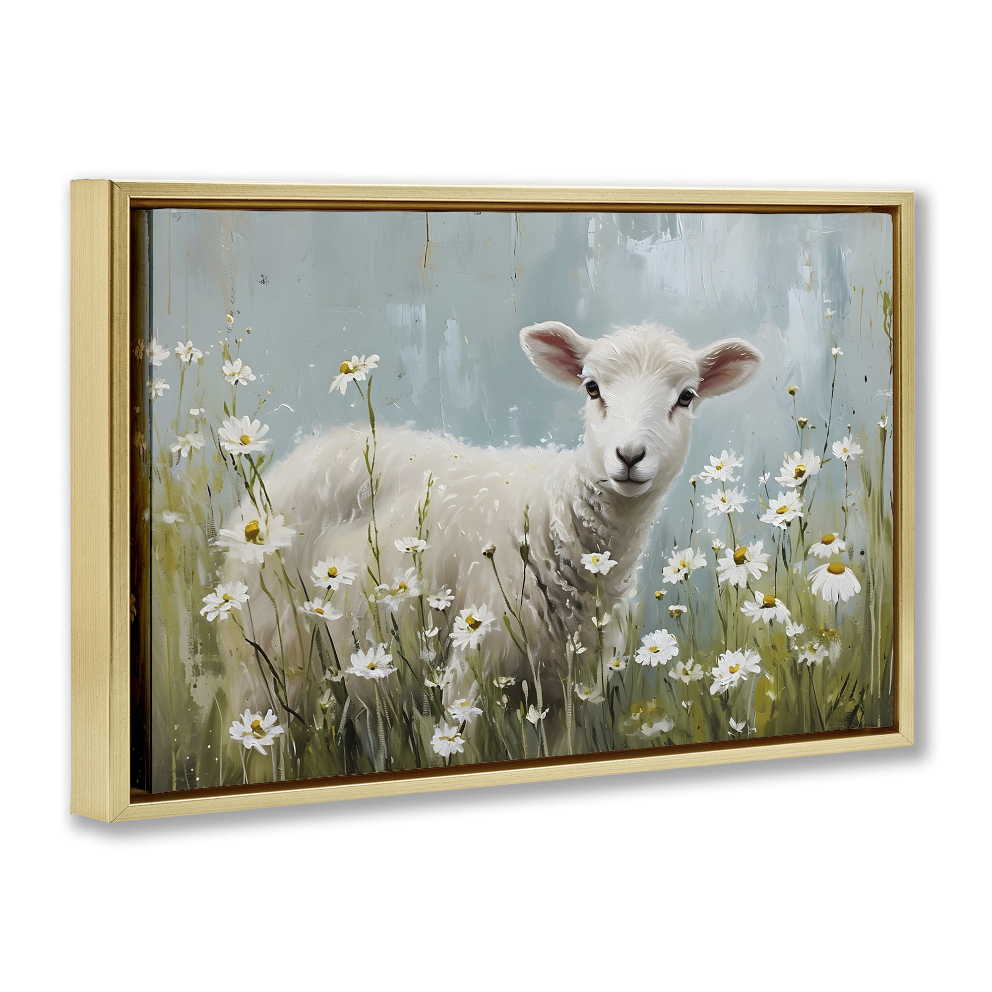 Stupell Industries Lamb Among Daisies Animals & Insects Painting Gold Floater Framed Canvas Art Print Wall Art, 25 x 17