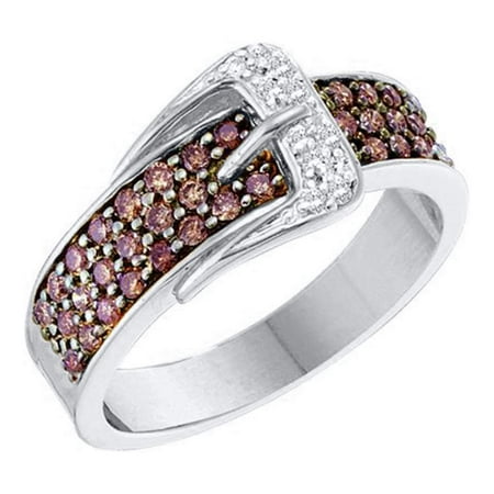 - 14kt White Gold Womens Round Brown Diamond Belt Buckle Band Ring 1/2 Cttw