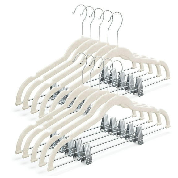 HOWEN 10 Pack Clothes Velvet Hangers with Clips Ultra-Thin Non-Slip in Ivory,Bottom/Skirt,17 in.