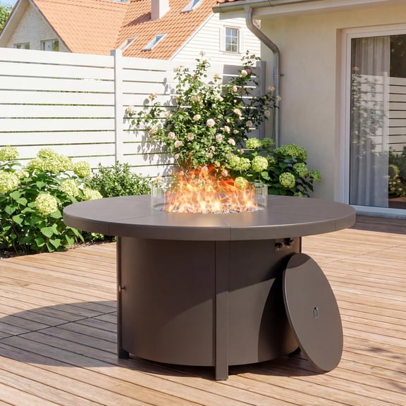 ALAULM Round Gas Fire Pit Table 48in, 40000 BTU Outdoor Propane Fire Pit with Round Metal Tabletop, Adjustable Flame,Windshield & CSA Certification for Outside Patio & Garden