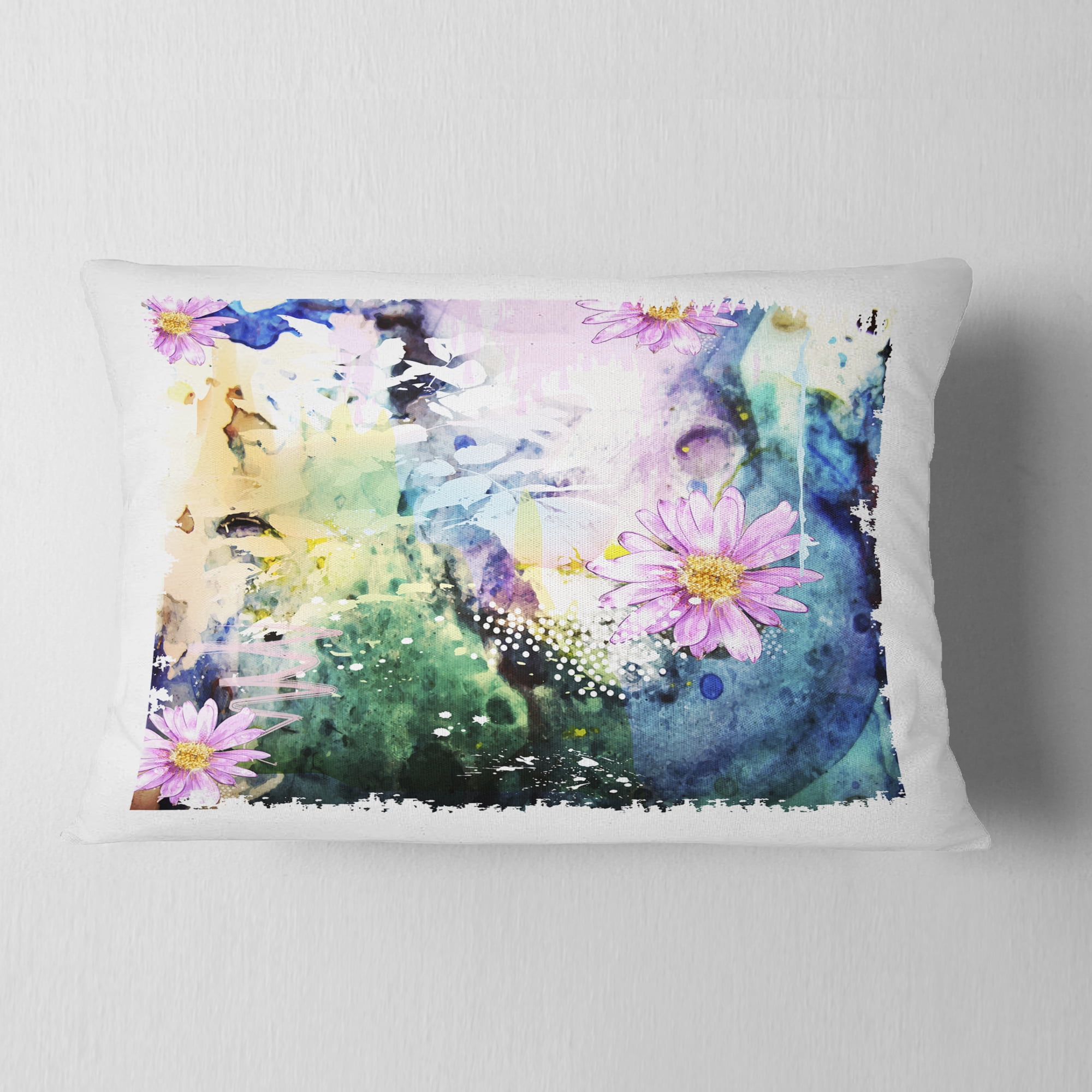 Designart Abstract Blue Pink Floral Art - Floral Throw Pillow - 12x20
