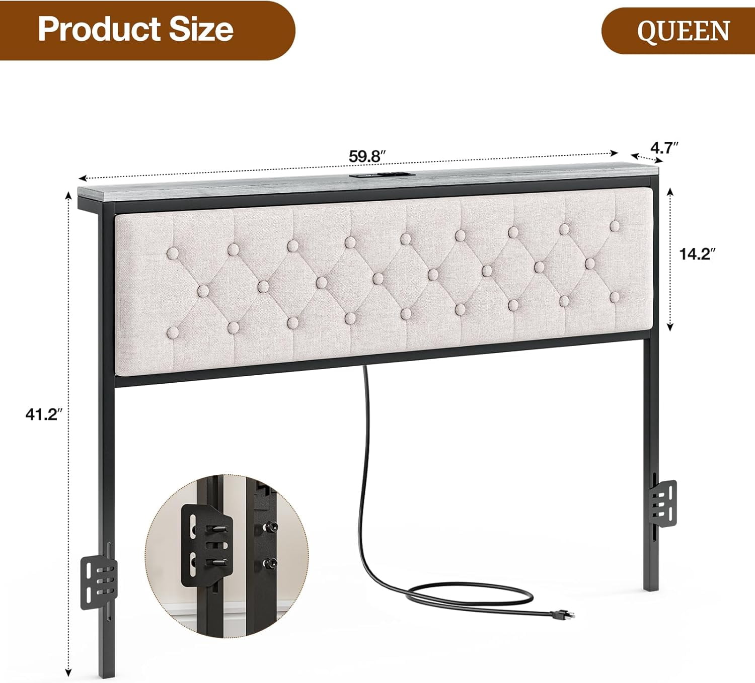 ARICOEASY Queen Size Storage Headboard with Charging Station, Upholstered Button Tufted Headboard, Easy Assembly, Beige