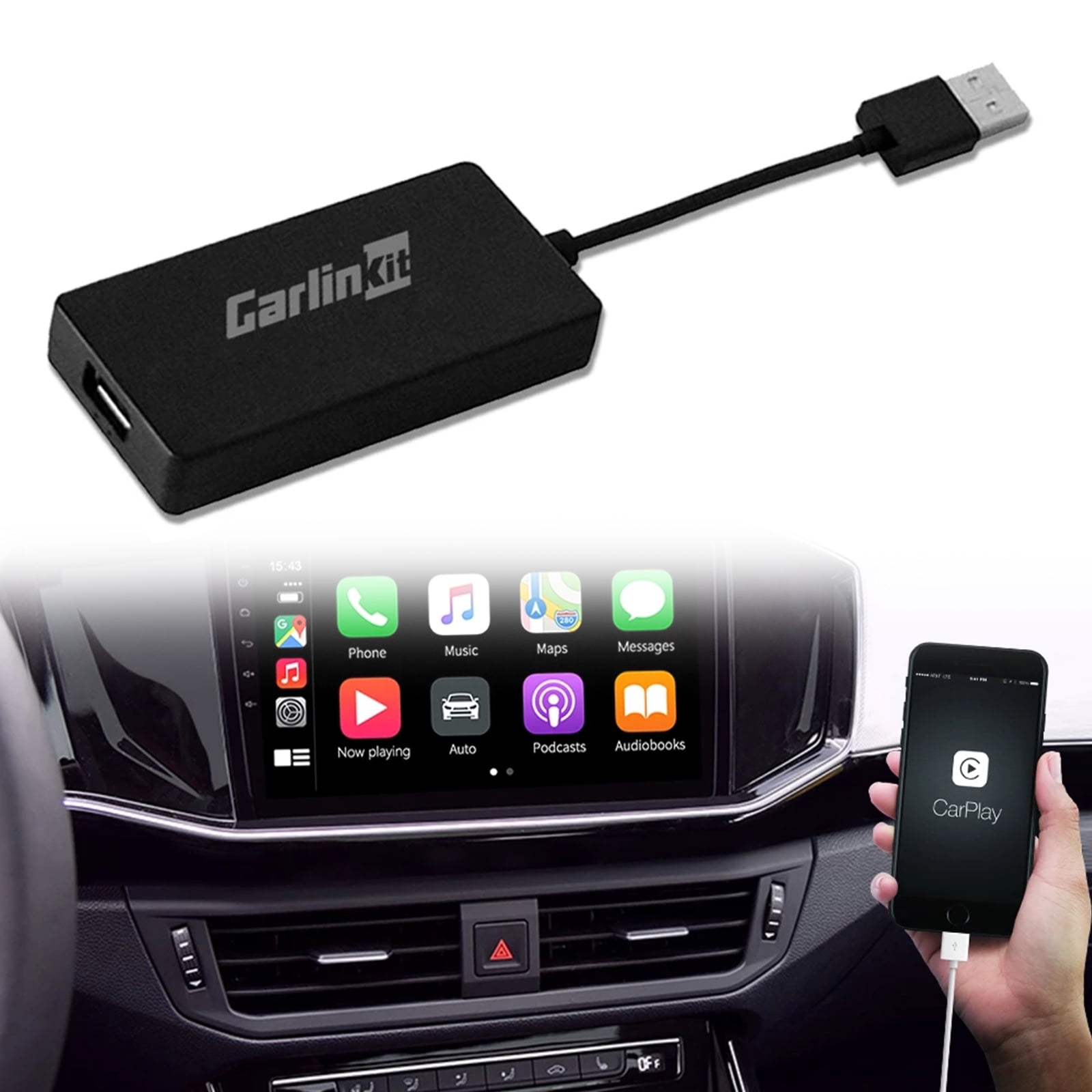 Install Autokit app in Android Car Radio Wireless Carplay dongle Wired USB Android Auto Carplay dongle Screen Mirroring SIRI Voice Control Google Maps not supports Original Factory Car Radio black