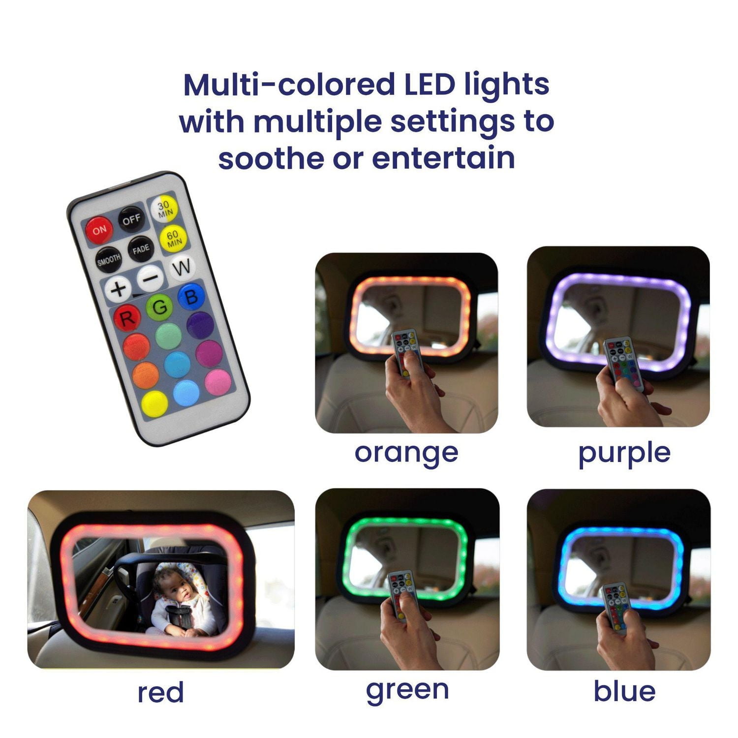 GoldBug Glow Rear-Facing Baby Car Seat Mirror, Adjustable LEDs & Remote Control, Black, Goldbug Glow Mirror