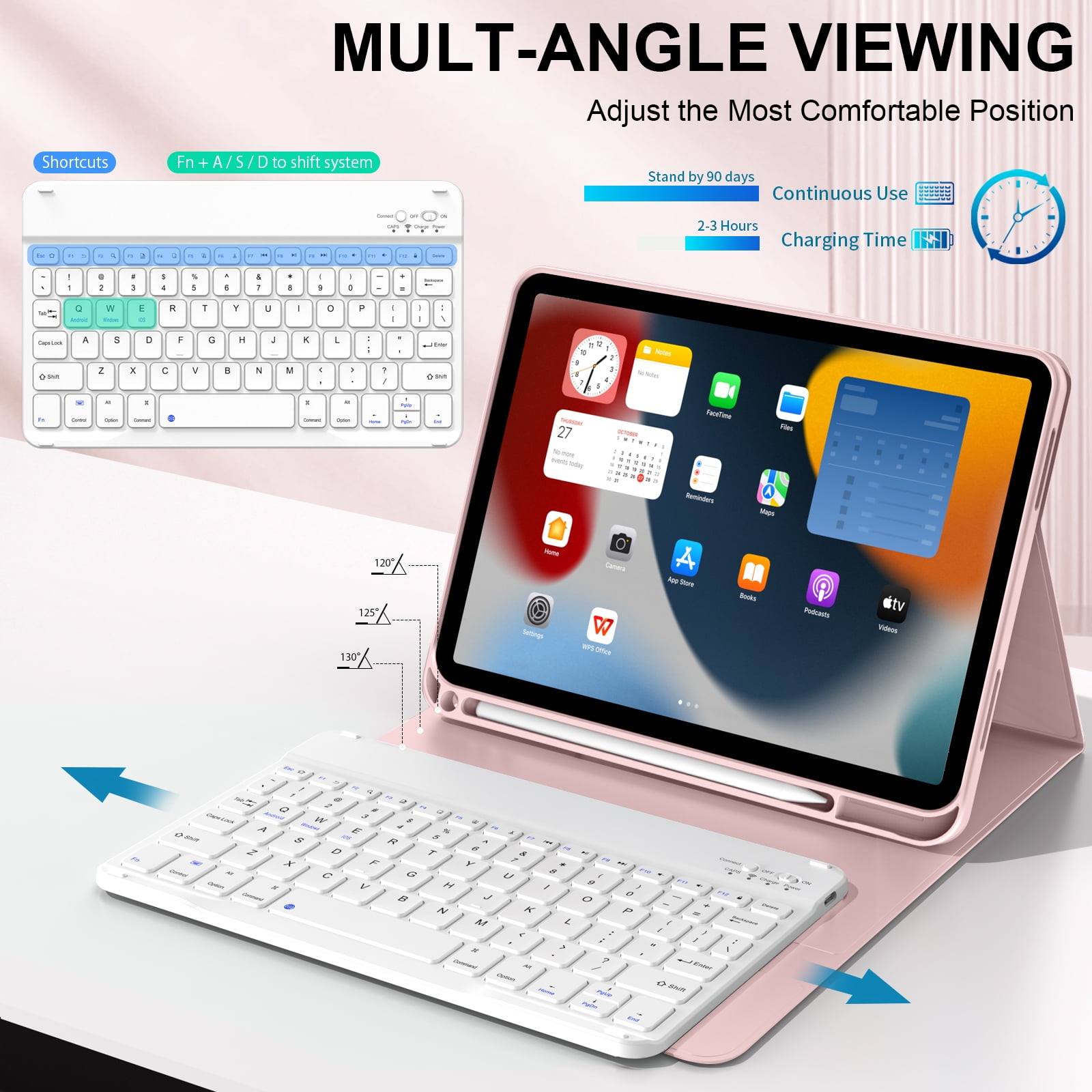 Aoub Keyboard Case for iPad (A16) 11th 10th Generation 2025 2022 with Pencil Holder, Detachable Wireless Bluetooth Rechargeable Keyboard Cover, Pink