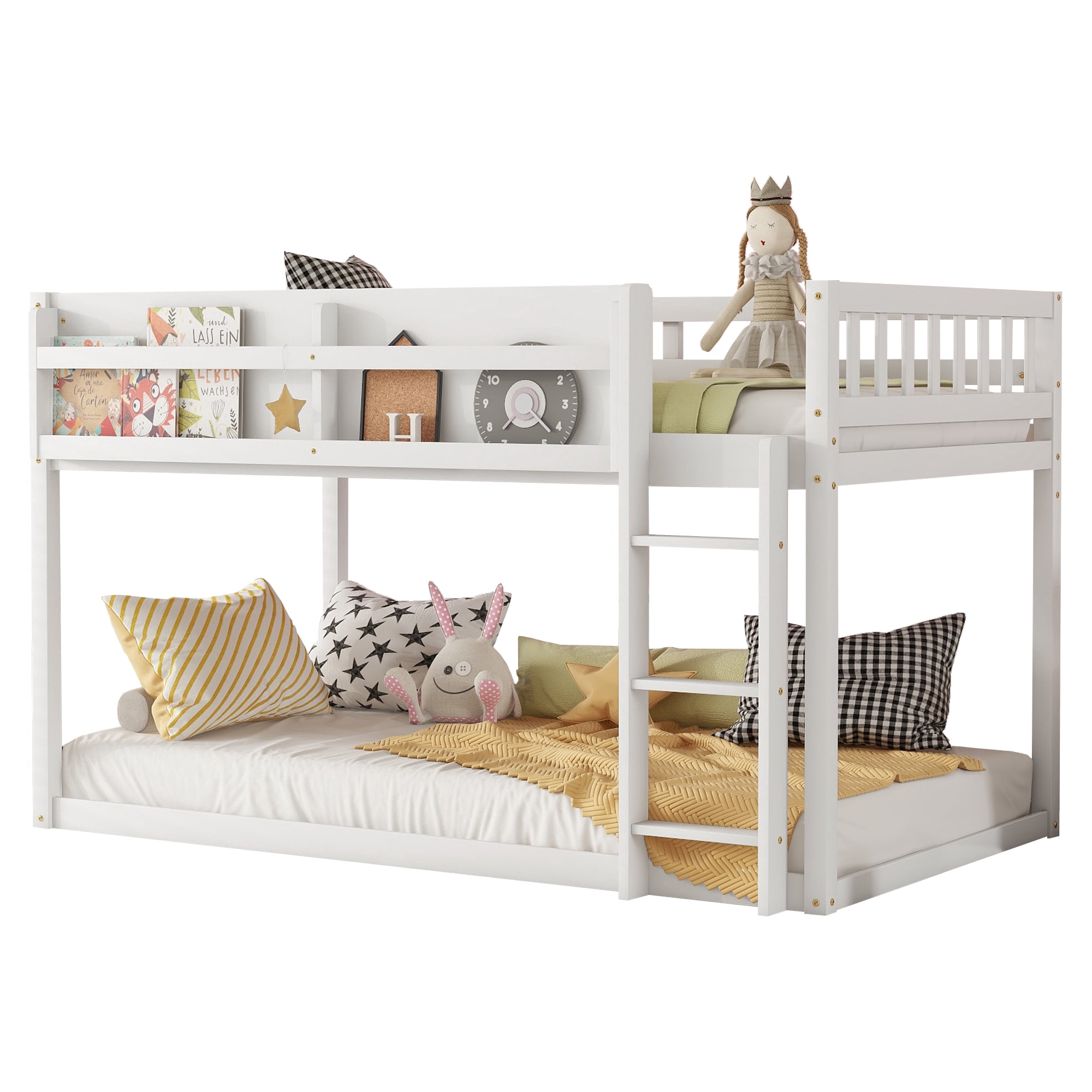 Low Bunk Bed, Twin Over Twin Low Bunk Bed - Solid Wood Frame with Ladder and Guardrail, Converts to Loft Bed or Floor Bed, Space Saving for Small Rooms, Easy Assembly, White