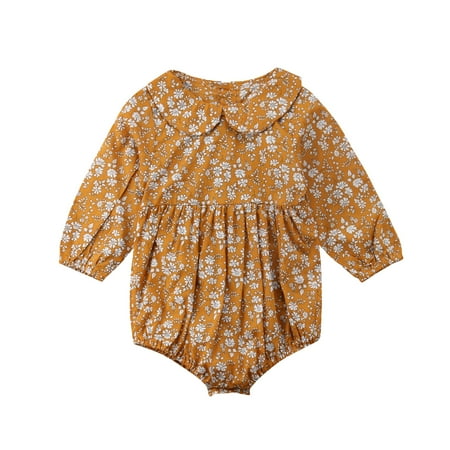 

Franhais Baby Girls Long Sleeve Romper Floral Print Peter Pan Collar Pleated Jumpsuit Infant Cute Spring Fall One-Piece Clothes