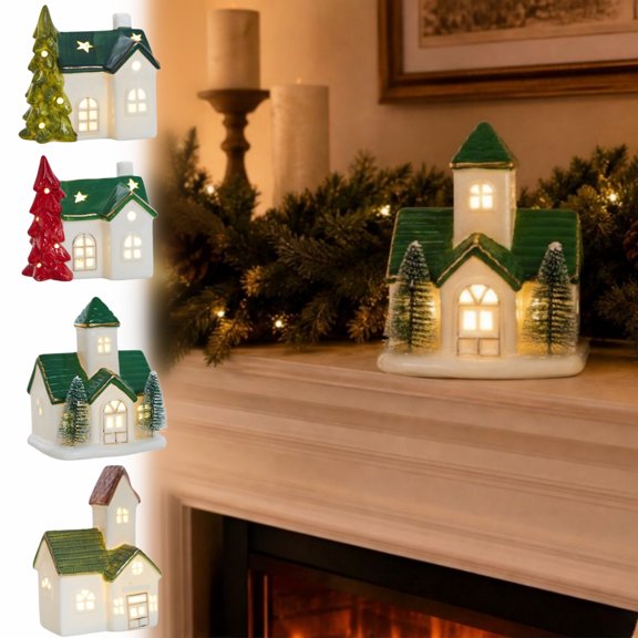 yuHome Christmas Lighted Snow House Ceramic Decor Ornament | Led Winter Village Tabletop Figurine with Glowing Window | Festive Holiday Mantel Shelf Windowsill Decoration for Home Winter Themed Party