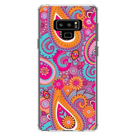 DistinctInk Clear Shockproof Hybrid Case for Samsung Galaxy Note 9 - TPU Bumper, Acrylic Back, Tempered Glass Screen Protector - Pink Blue Orange Paisley