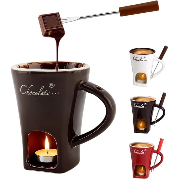 Chocolate Melting Mug with Fork and Tea Light Candle, Chocolate Mug Melter, Ceramic Chocolate Fondue Cup for Dipping Chocolate, Cheese, Caramel, Fruit and Desserts