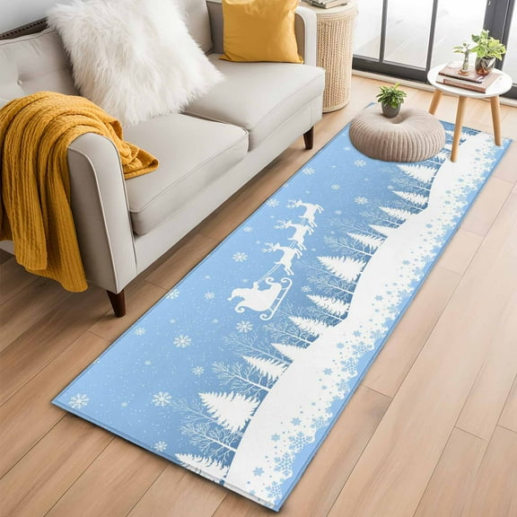 Light Blue Christmas Kitchen Runner Rug 2x6 Washable Runners for Hallway Non Slip Xmas Elk Tree Snowflake Large Area Rug Indoor Floor Carpet for Bathroom Laundry Entryway Bedroom Living Room