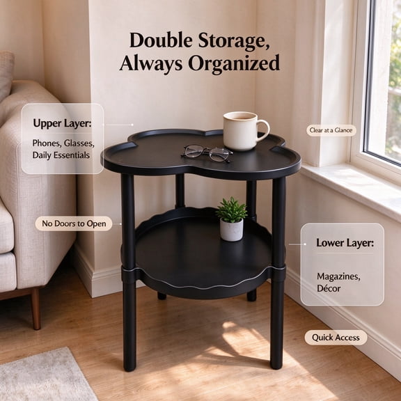 DURUA 2 Tier Side Table, 19.29x14.96in Curved End Table Plastic Small Nighstands for Bedroom, Living Room, Easy to Move and Install (Black, 1pcs)