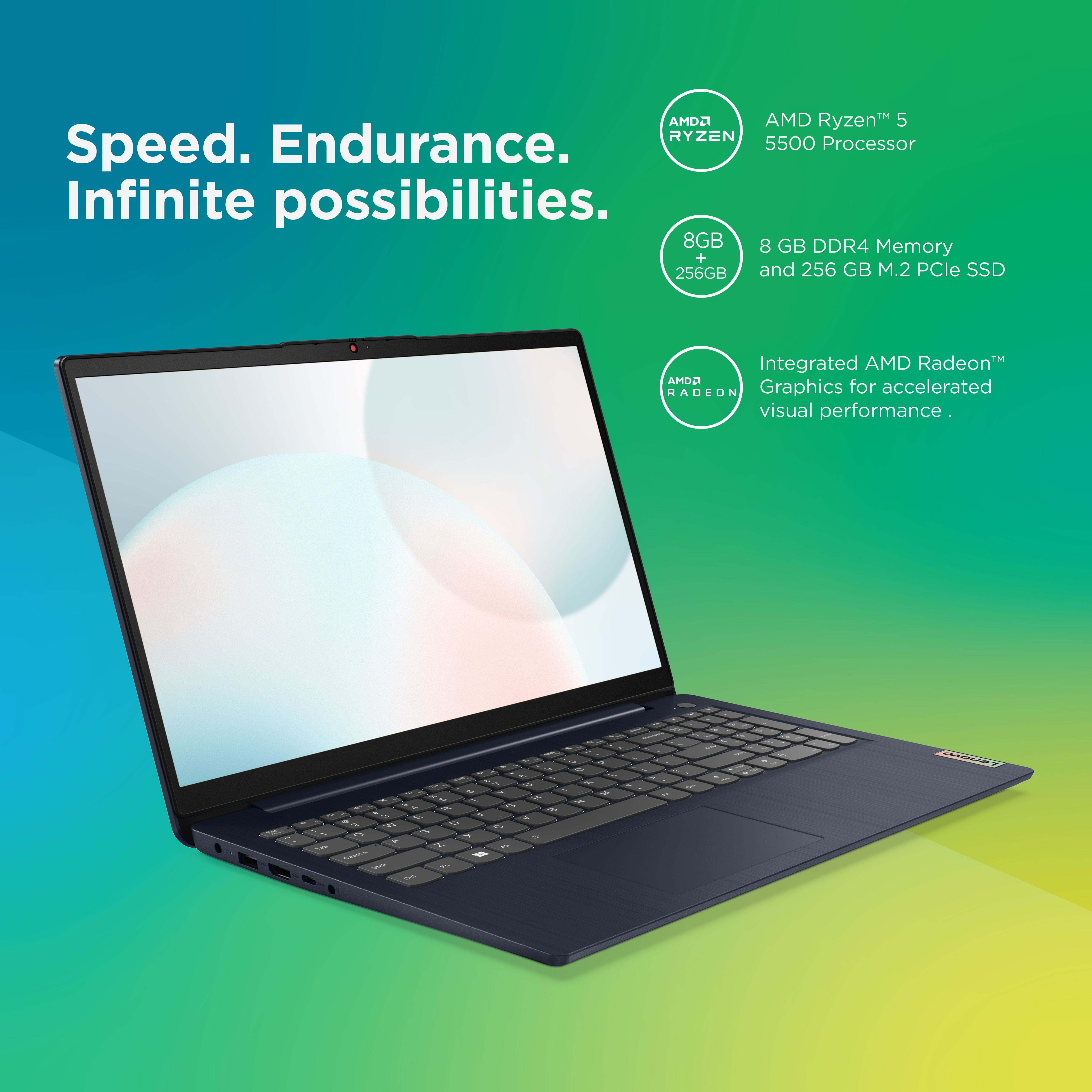 Lenovo Ideapad 3 15.6" FHD Laptop, AMD Ryzen 5 5500U, 8GB RAM, 256GB SSD, Windows 11, Abyss Blue, 82KU00YUUS