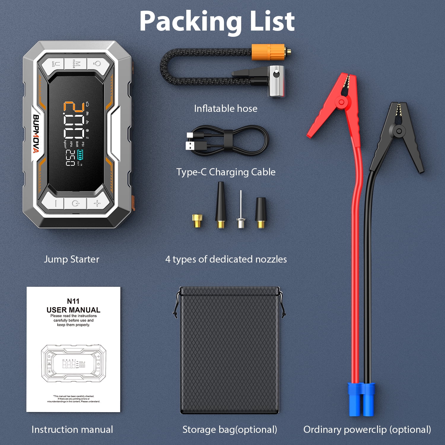 BUPMOVA 12-in-1 Jump Starter with Air Compressor, 15000A, 150 PSI, Portable Car Battery Jump Box, Jump pack Power Bank (All Gas/10.0 L Diesel) with Jumper Cables, LED Light & LCD Display, Force Start