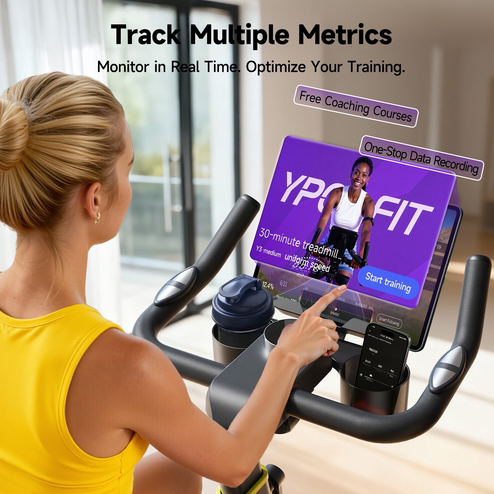 Magnetic Exercise Bike for Home, Quiet Indoor Cycling Bike with App & Heart Rate Monitor, 330LB Capacity, Adjustable Seat & Handlebars, Tablet Holder, Dumbbell Rack for Cardio Workout