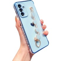 Compatible with Samsung Galaxy A14 5G Phone Case Women Luxury Plating Cute Love Heart Case with Heart Chain Bracelet Strap Soft Case for Galaxy A14 6.6 inch (Sierra Blue)