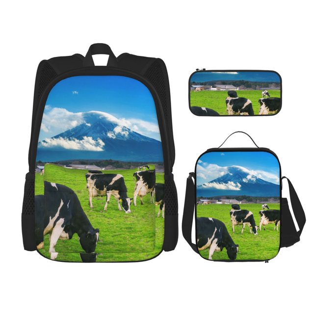 Balery Grazing Cows Mountain View Mochila Escolar 3 en 1 para Niños - Mochila Resistente con Lonchera Térmica y Estuche - Mochila Escolar para Niños y Niñas