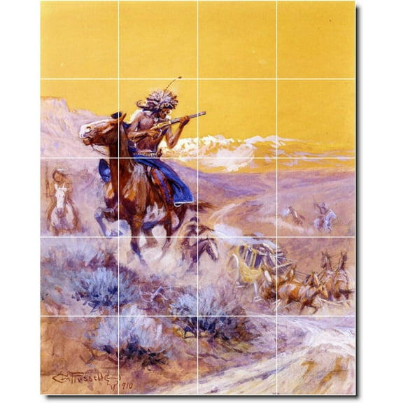 Ceramic Tile Mural-Charles Russell Western Bathroom Tile Mural 6. 17" w x 21.25" h using (20) 4.25 x 4.25 ceramic tiles