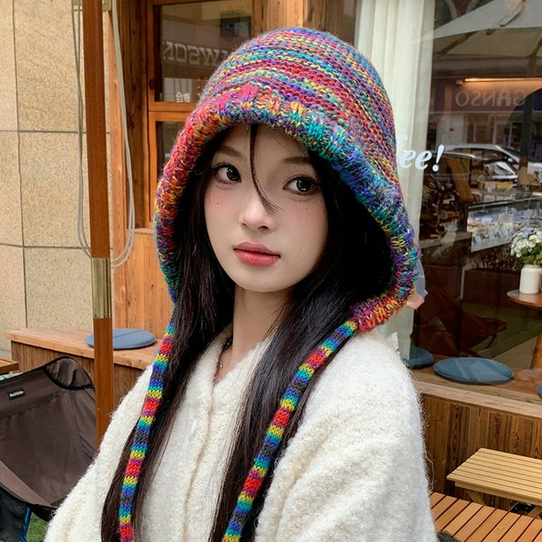 harmtty Women Winter Hat Elastic Rainbow Color Knitted Lace Up
