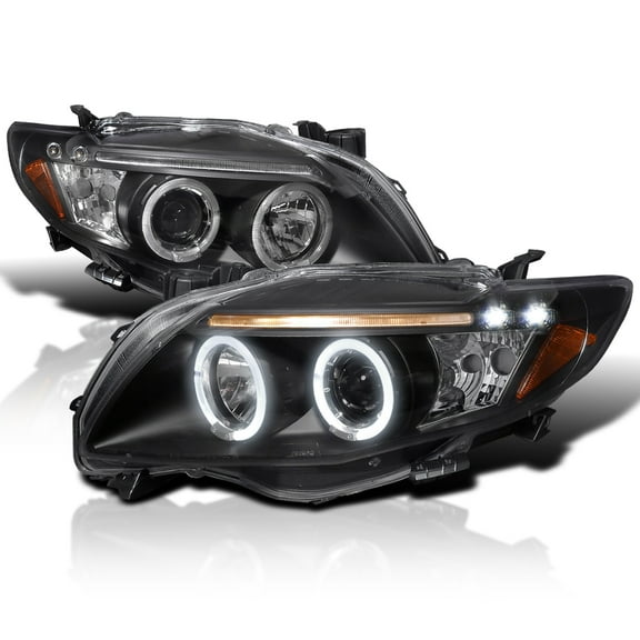 Spec-D Tuning Black LED Dual Angel Eyes Projector Headlights Compatible with 2009-2010 Toyota Corolla, Left   Right Pair Headlamps Assembly
